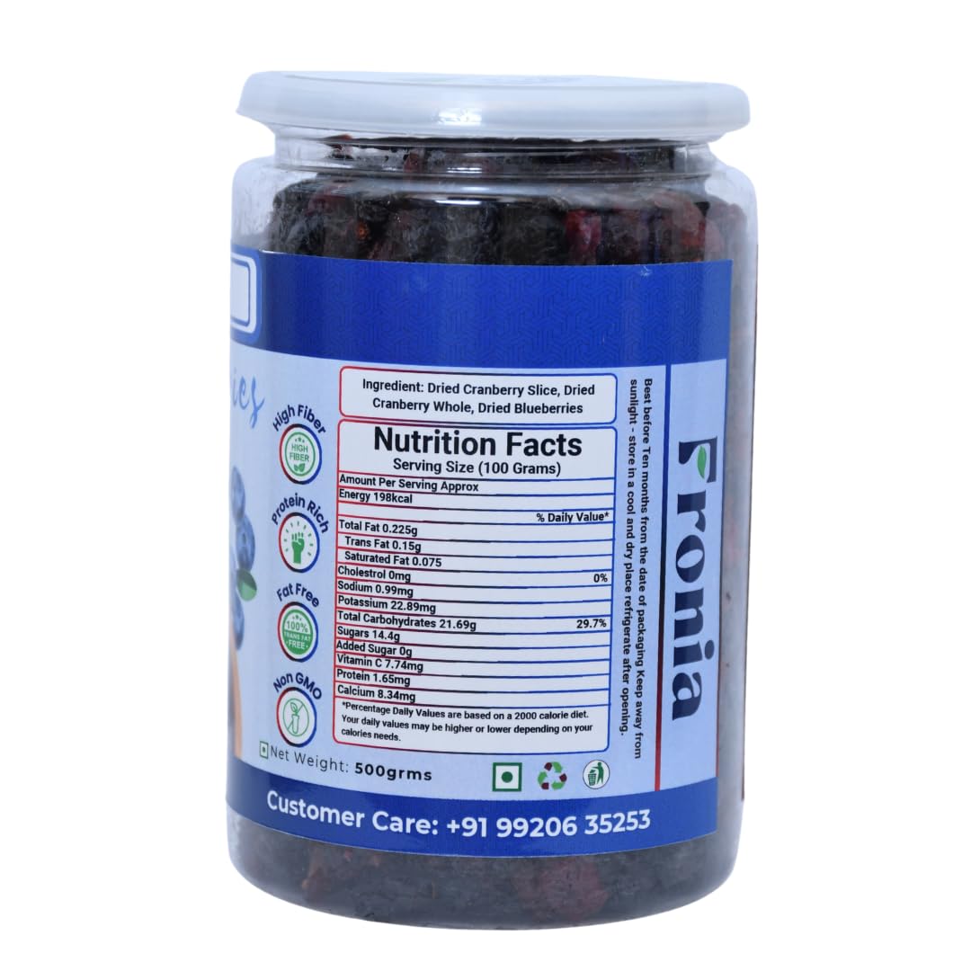 FRONIA Super Berries Mix | High in Antioxidants | Dried Cranberries, Blueberries, 500GM Gluten Free, Non-GMO & Vegan) Natural and Licious berries | Natural Real Dried Berries | Low Calorie Snack | High energy | High in dietary fibre