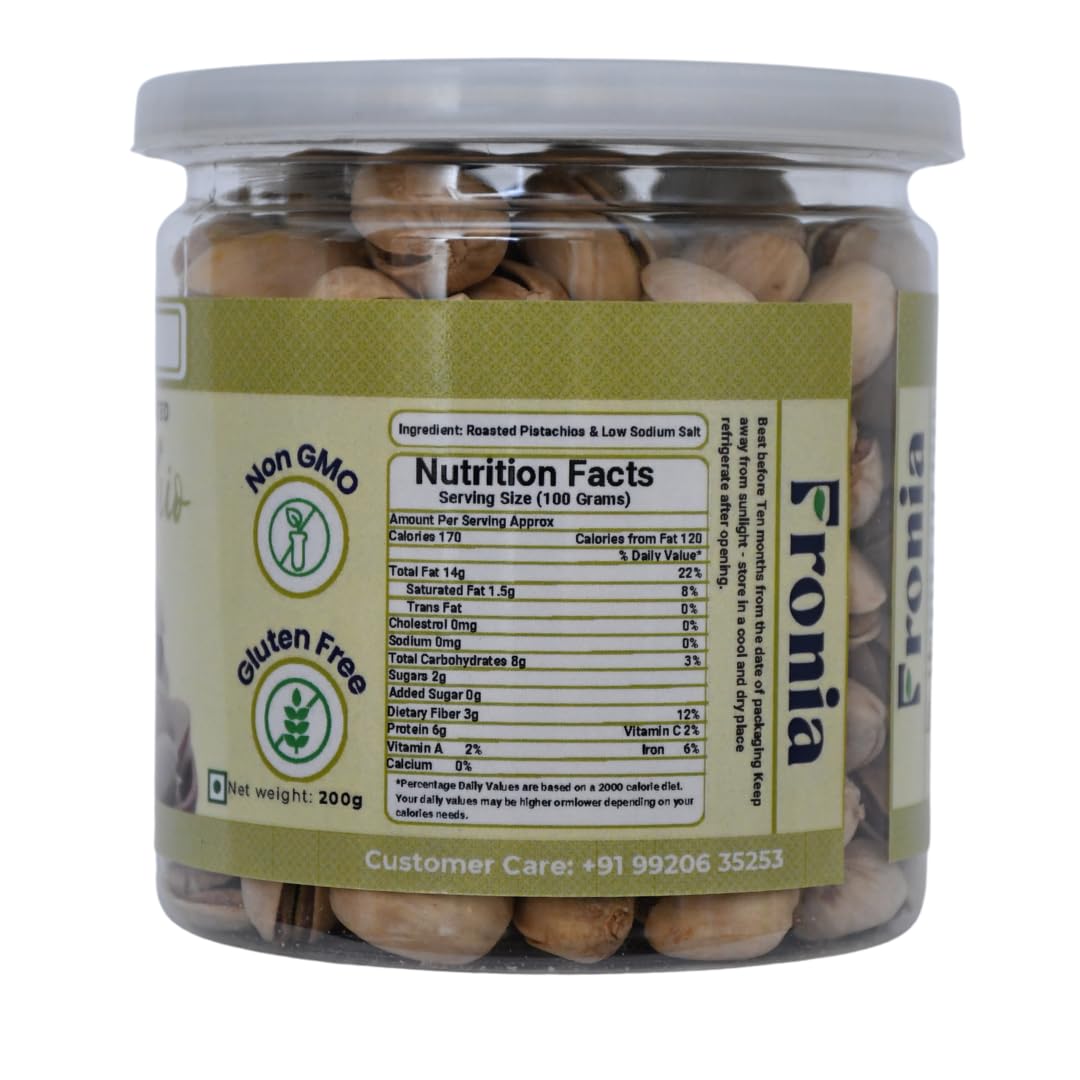 FRONIA Premium Roasted & salted Pistachio With Shell 200g | Super Crunchy & Delicious | No Gluten | No GMO | Bada Pista | Sada Pista | Dry Fruit, Big Size | Raw, High in Protein | Phosphorus, & Dietary Fibre, Premium Nuts | All Natural | No Preservatives