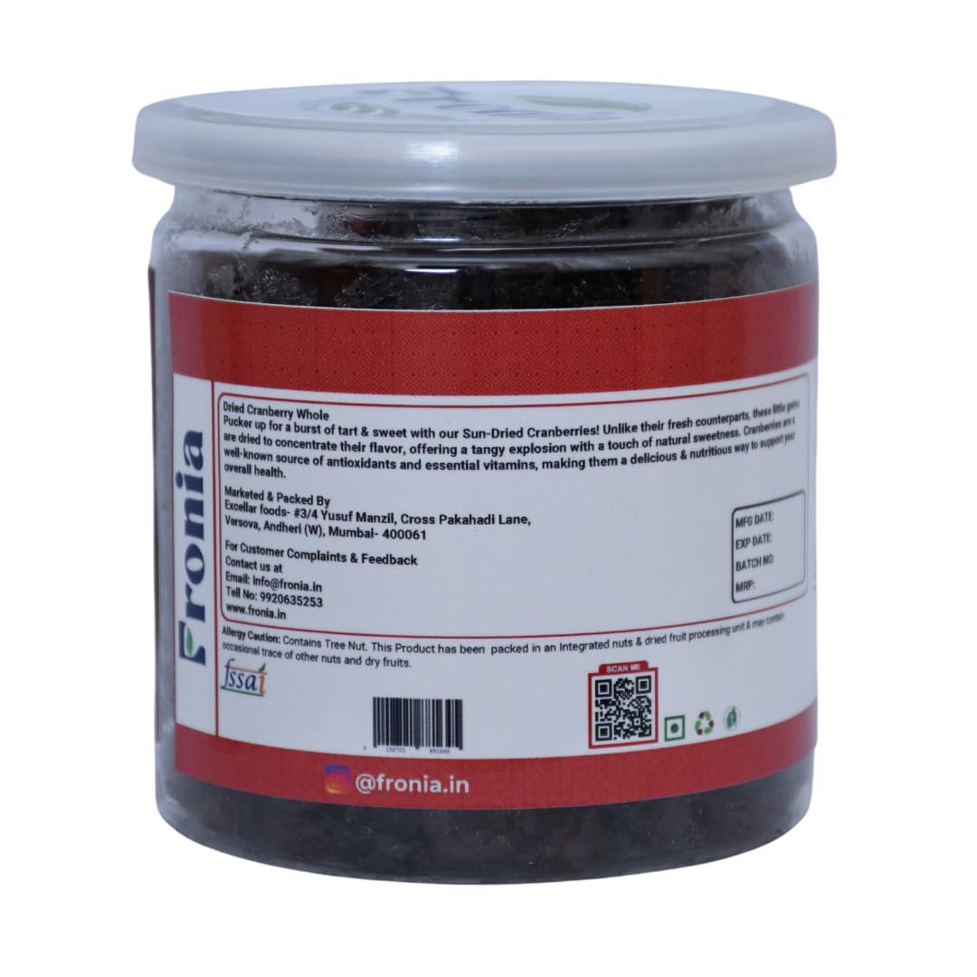 Fronia fresh Cranberries Whole Sweet And Delicious Treats, 250G (Gluten Free, Non-Gmo) High Antioxidants, Dietary Fiber & No Gluten, Antioxidant Rich, Immunity Booster,Healthy Snack For Kids And Adult