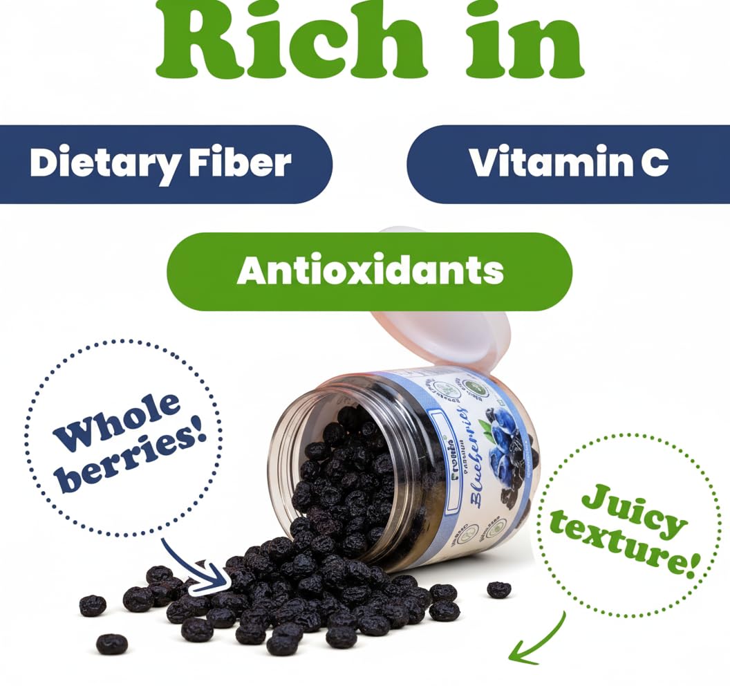 Fronia Premium Blueberries, Gluten Free, Non-GMO and Vegan, Whole and Unsweetened, Vitamin Rich, Low Fat Healthy Snacks, Rich in Calcium and Vitamin K, Sweet and Delicious (250gm)
