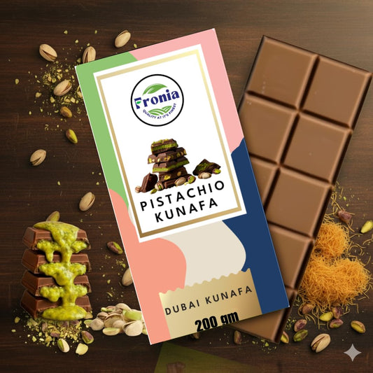 Fronia Dubai Kunafa Pistachio Chocolate Bar with Rich Pistachio, Crunchy Kunafa and Smooth Chocolate for Birthday, Hampers, Anniversary, Festival and Corporate Gifting, 200 gms