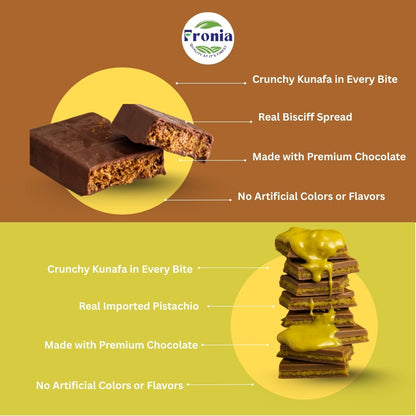 FRONIA Dubai Kunafa Chocolate Bar Combo Pistachio & Bisciff Flavours (200G) Gourmet Middle Eastern Dessert Bars With Crispy Kunafa & Premium Chocolate For Birthday,Anniversary,Hamper,Corporate Gifting