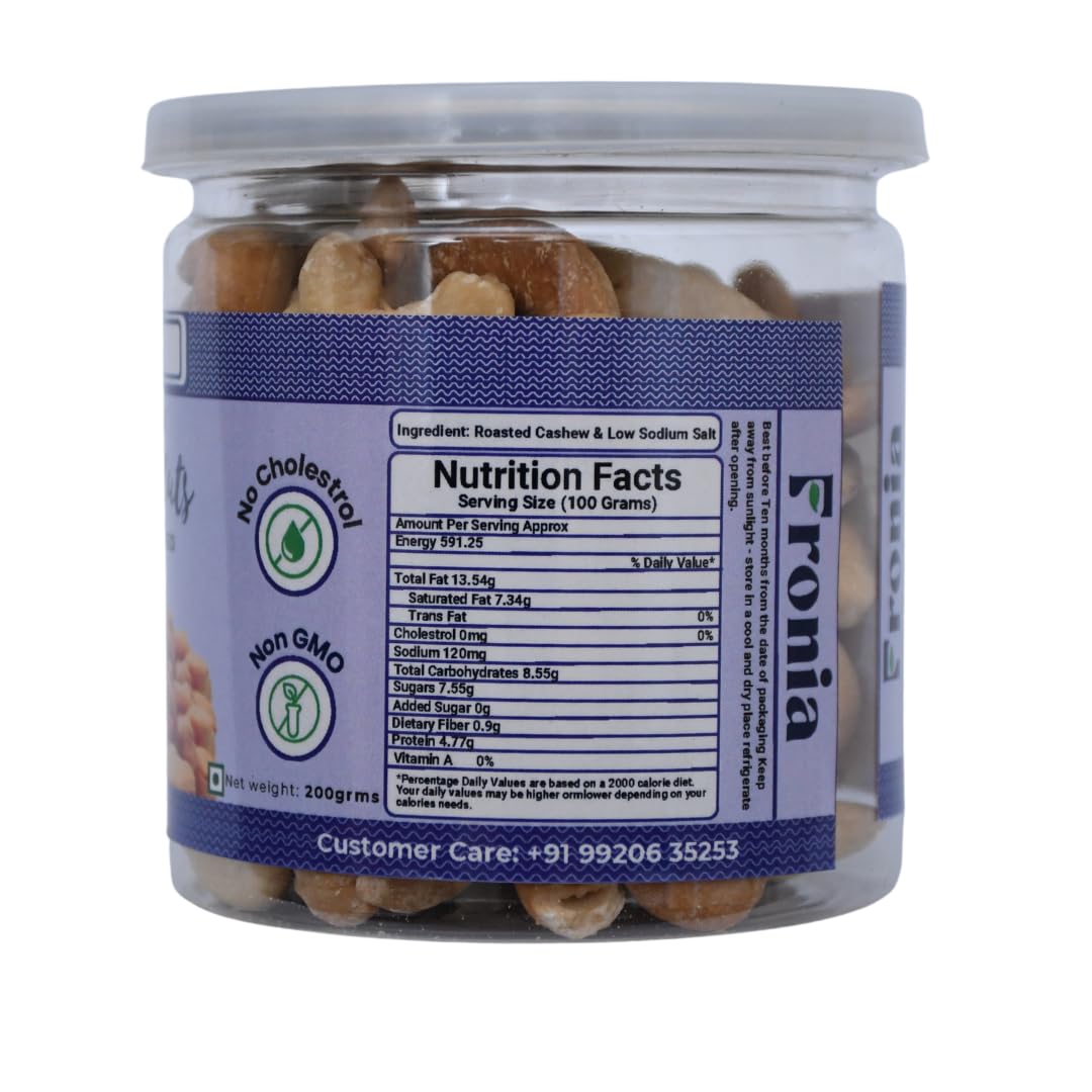 FRONIA Roasted and Salted Cashews| Flavourful & Crunchy Snack | Salted & Slow Roasted Cashews | Rich in Protein No Artificial Colours, Preservatives & Flavours (200GM )|crunchy kaju|Healthy Food |loaded with nutrients, Freshly Roasted, Natural & Premium c