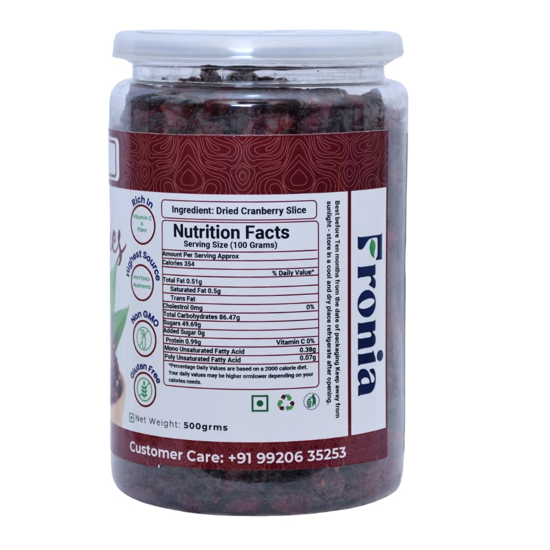 Fronia Dried Cranberry Slice (Dry Fruit), (250gms*2) 500gm (Gluten Free, Non-GMO & Vegan) High Antioxidants, Dietary Fiber & No Gluten, Antioxidant Rich, Immunity Booster,Healthy Snack for kids and adult