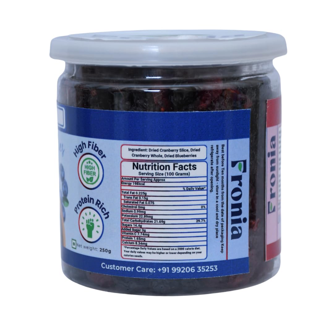 FRONIA Super Berries Mix | High in Antioxidants | Dried Cranberries, Blueberries (250GM ) Gluten Free, Non-GMO & Vegan) Natural and Licious berries | Natural Real Dried Berries | Low Calorie Snack | High energy | High in dietary fibre