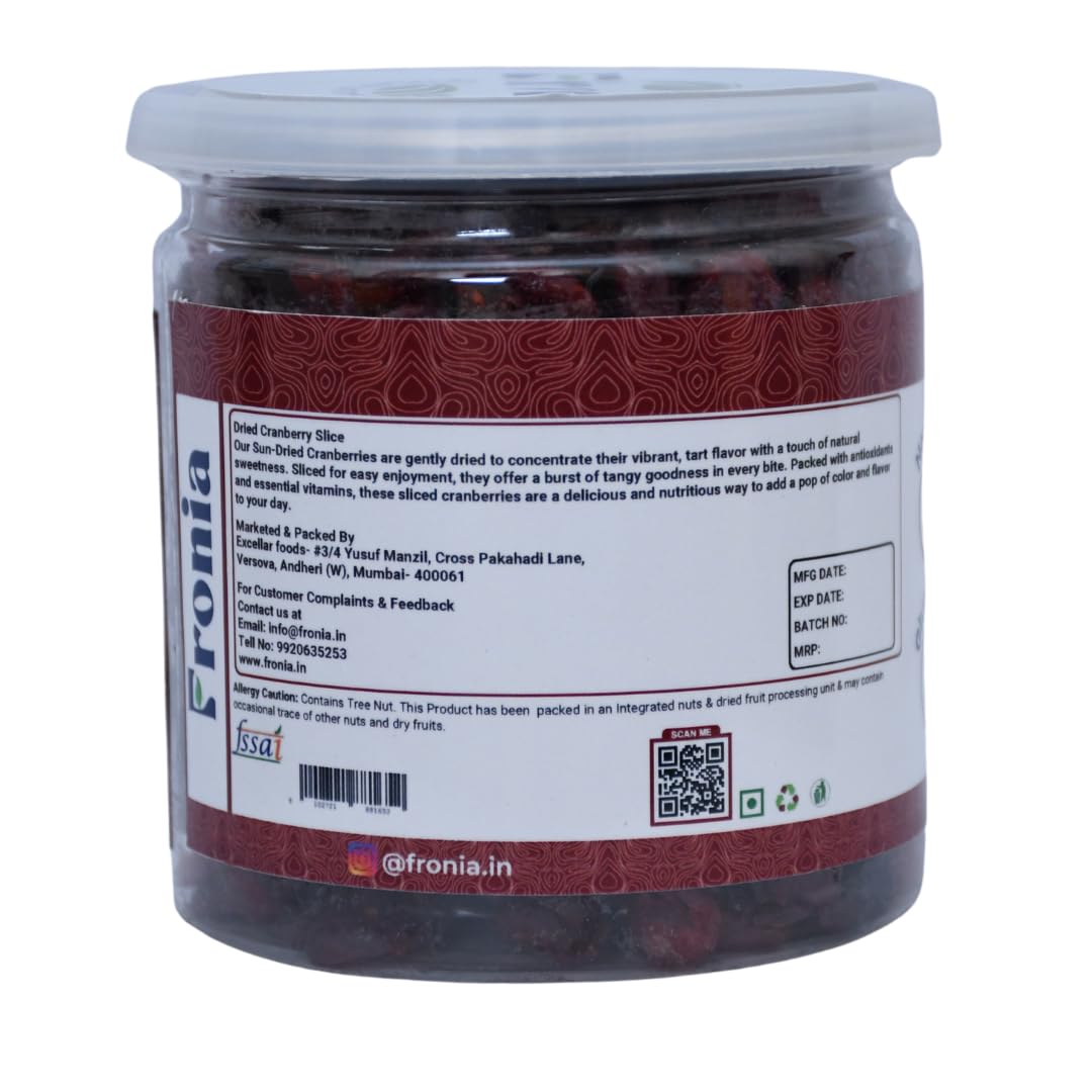 Fronia Dried Cranberry Slice (Dry Fruit), 250gm (Gluten Free, Non-GMO & Vegan) High Antioxidants, Dietary Fiber & No Gluten, Antioxidant Rich, Immunity Booster,Healthy Snack for kids and adult