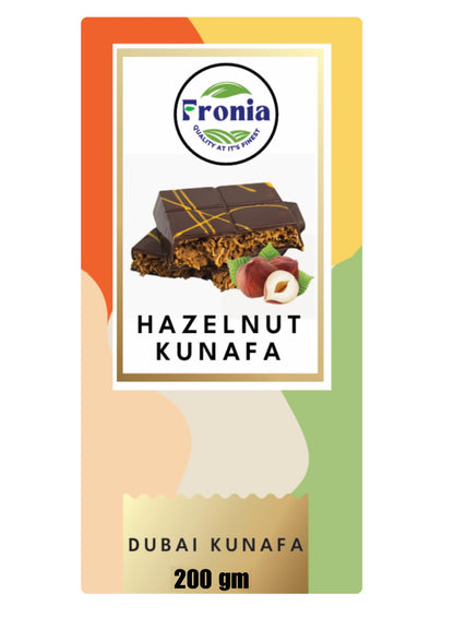 Fronia Dubai Kunafa Hazelnut Chocolate Bar with Rich Hazelnut, Crunchy Kunafa and Smooth Chocolate for Birthday, Hampers, Anniversary, Festival and Corporate Gifting - 200g