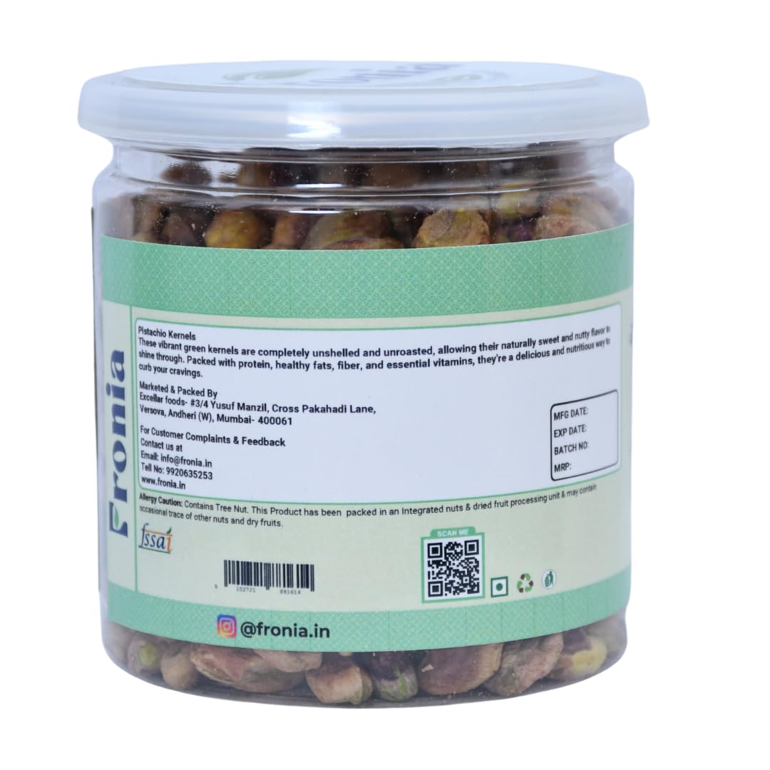 FRONIA Premium Unsalted Pistachio Kernels 250g | Super Crunchy & Delicious | No Gluten | No GMO | Bada Pista | Sada Pista | Dry Fruit, Big Size | Raw, High in Protein | Phosphorus, & Dietary Fibre, Premium Nuts | All Natural | No Preservatives | No Additi