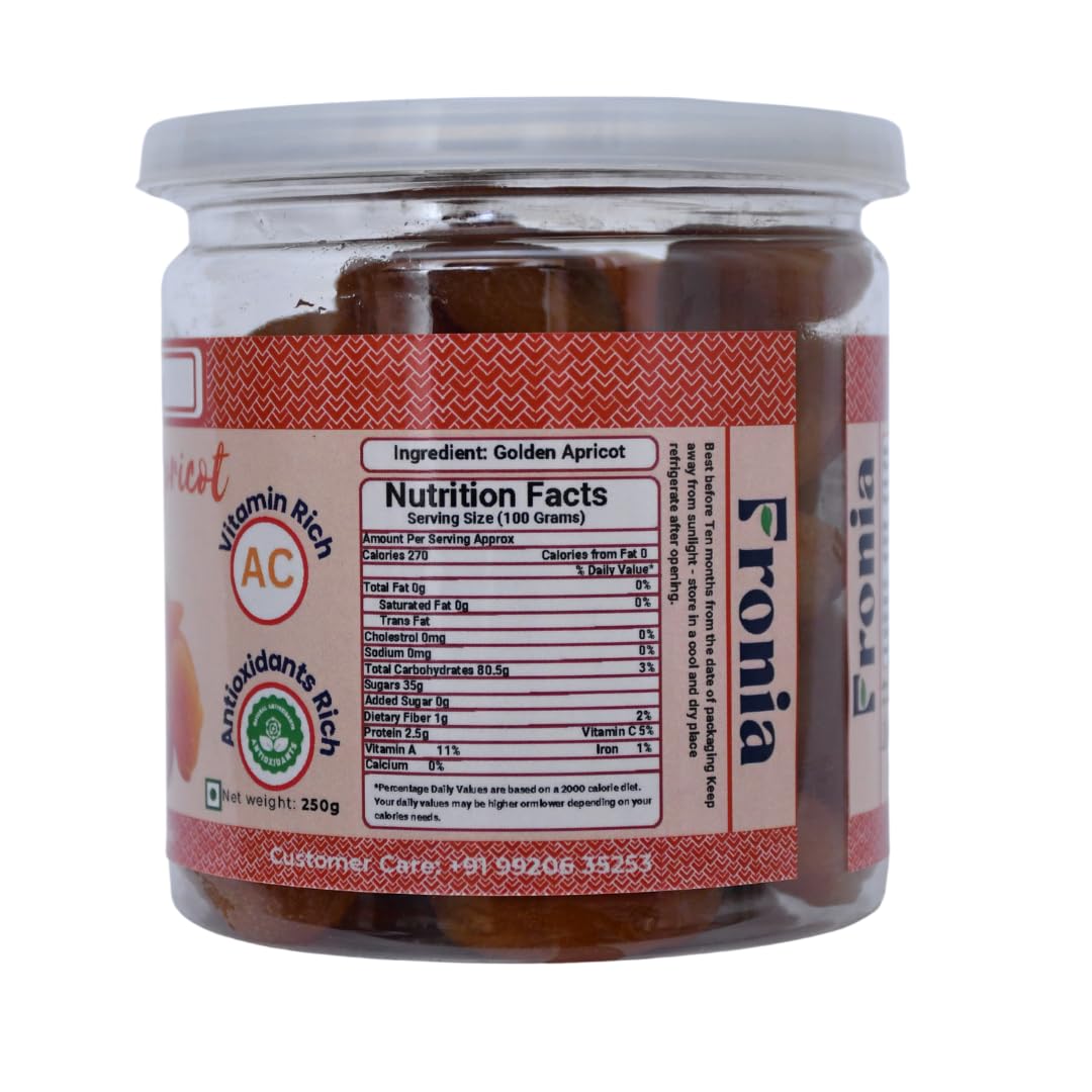 FRONIA Turkish Golden Apricot Dried Fruit (250gm) (Gluten Free, Non-GMO & Vegan) Jardalu Badam BOR Khumani, Seedless Khumani (NO Added Sugar OR Preservatives) Sun dried Jumbo apricots dry fruits