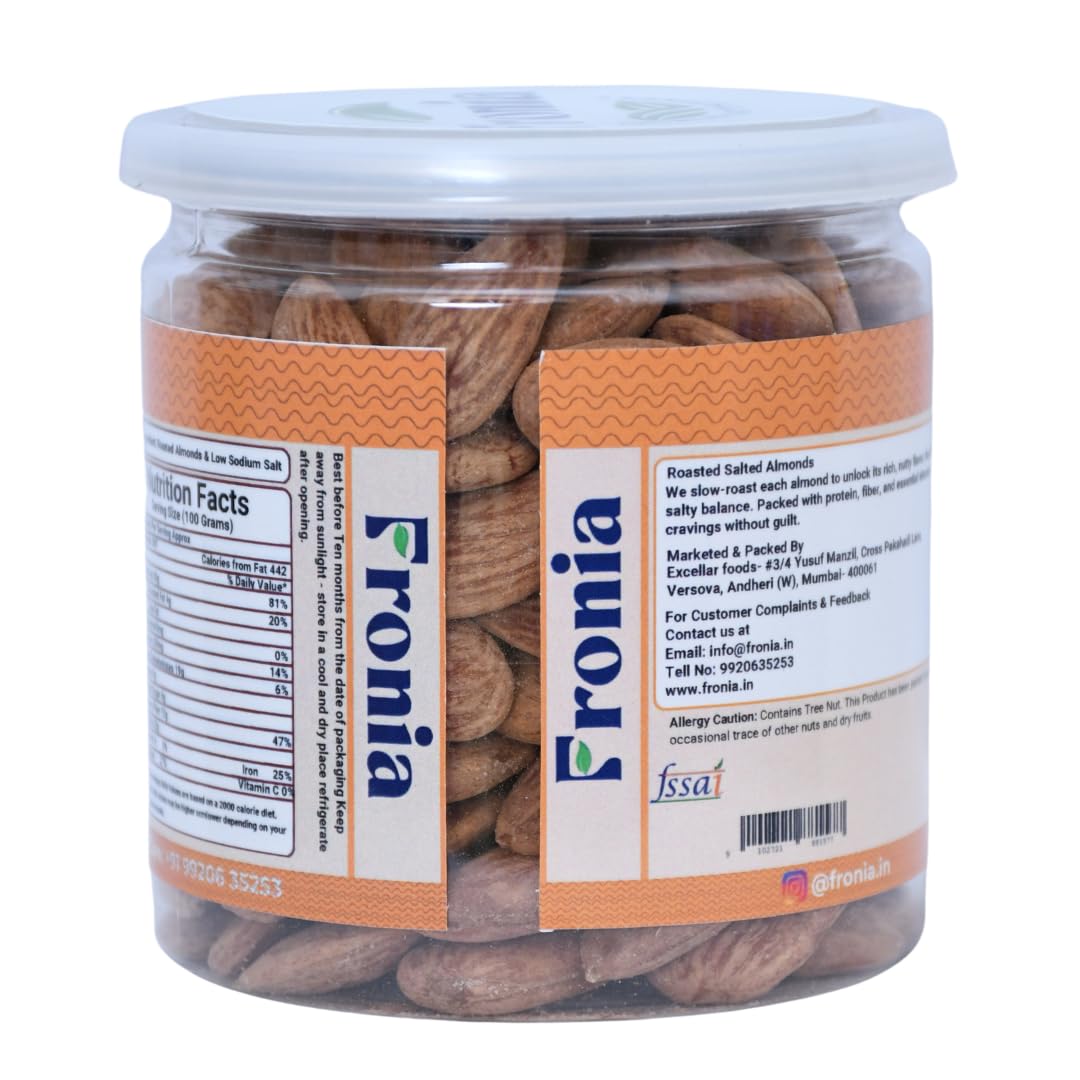 FRONIA Classic Salted Roasted Almonds Badam 250g | Crunchy Roasted Not Fried Nuts | Healthy Protein-Rich Snack | Tasty Salted Badam for Home Office Travel | Fresh & Delicious Dry Fruits Pack of 1