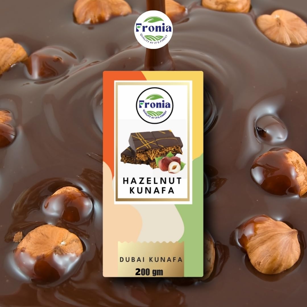 Fronia Dubai Kunafa Hazelnut Chocolate Bar with Rich Hazelnut, Crunchy Kunafa and Smooth Chocolate for Birthday, Hampers, Anniversary, Festival and Corporate Gifting - 200g