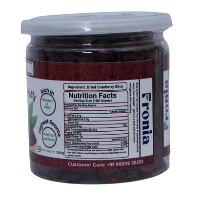 Fronia Dried Cranberry Slice (Dry Fruit), 250gm (Gluten Free, Non-GMO & Vegan) High Antioxidants, Dietary Fiber & No Gluten, Antioxidant Rich, Immunity Booster,Healthy Snack for kids and adult