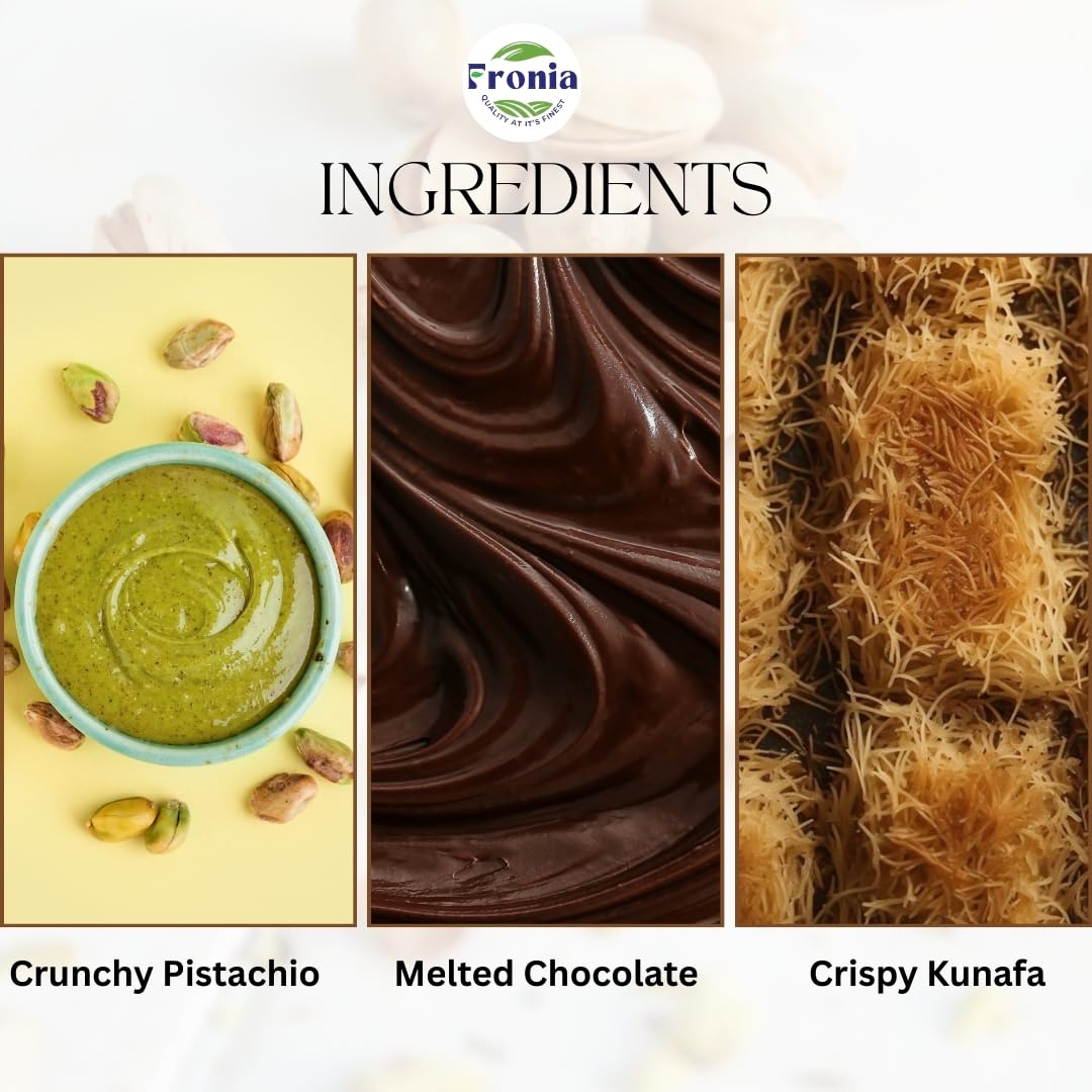 Fronia Kunafa Chocolate Bar Dubai Style 100gm | Pistachio Kunafa Dubai Chocolate Dessert | Milk Chocolates, Creamy Pistachios & Crunchy Kunafas spread