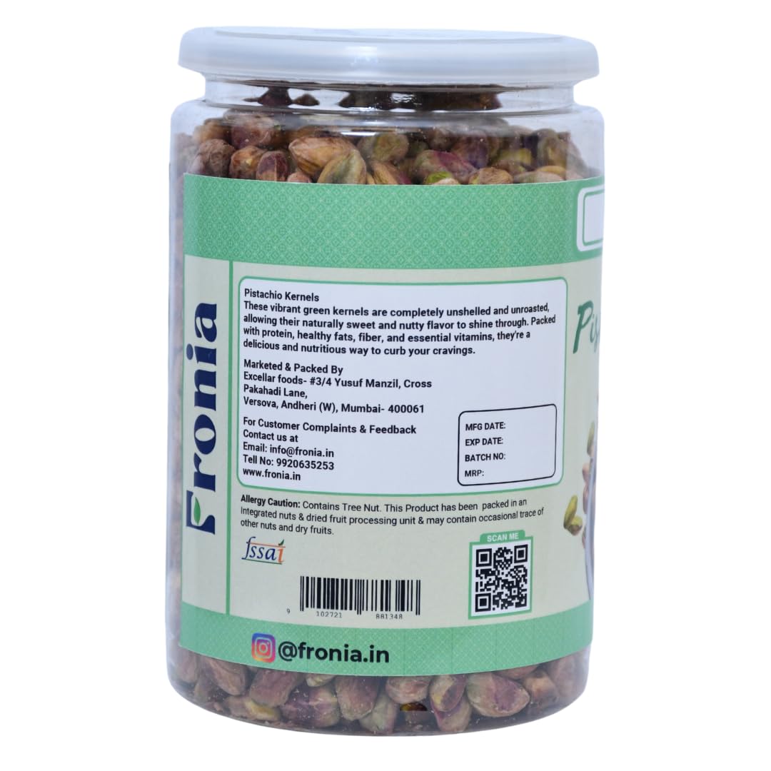 FRONIA Premium Unsalted Pistachio Kernels 500g | Super Crunchy & Delicious | No Gluten | No GMO | Bada Pista | Sada Pista | Dry Fruit, Big Size | Raw, High in Protein | Phosphorus, & Dietary Fibre, Premium Nuts | All Natural | No Preservatives | No Additi