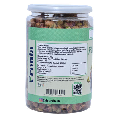 FRONIA Premium Unsalted Pistachio Kernels 500g | Super Crunchy & Delicious | No Gluten | No GMO | Bada Pista | Sada Pista | Dry Fruit, Big Size | Raw, High in Protein | Phosphorus, & Dietary Fibre, Premium Nuts | All Natural | No Preservatives | No Additi