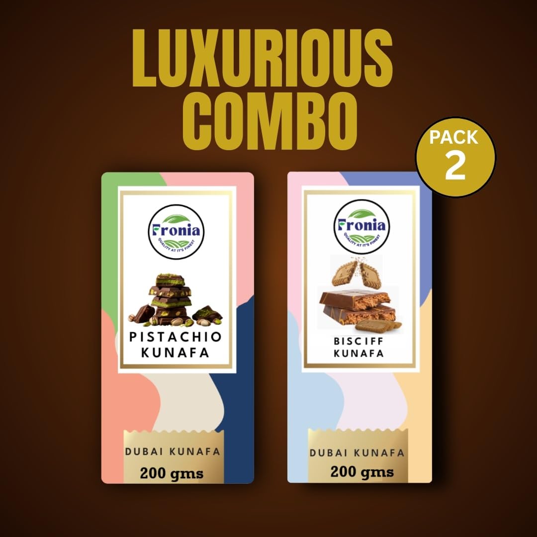 FRONIA Dubai Kunafa Chocolate Bar Combo Pistachio & Bisciff Flavours (200G) Gourmet Middle Eastern Dessert Bars With Crispy Kunafa & Premium Chocolate For Birthday,Anniversary,Hamper,Corporate Gifting