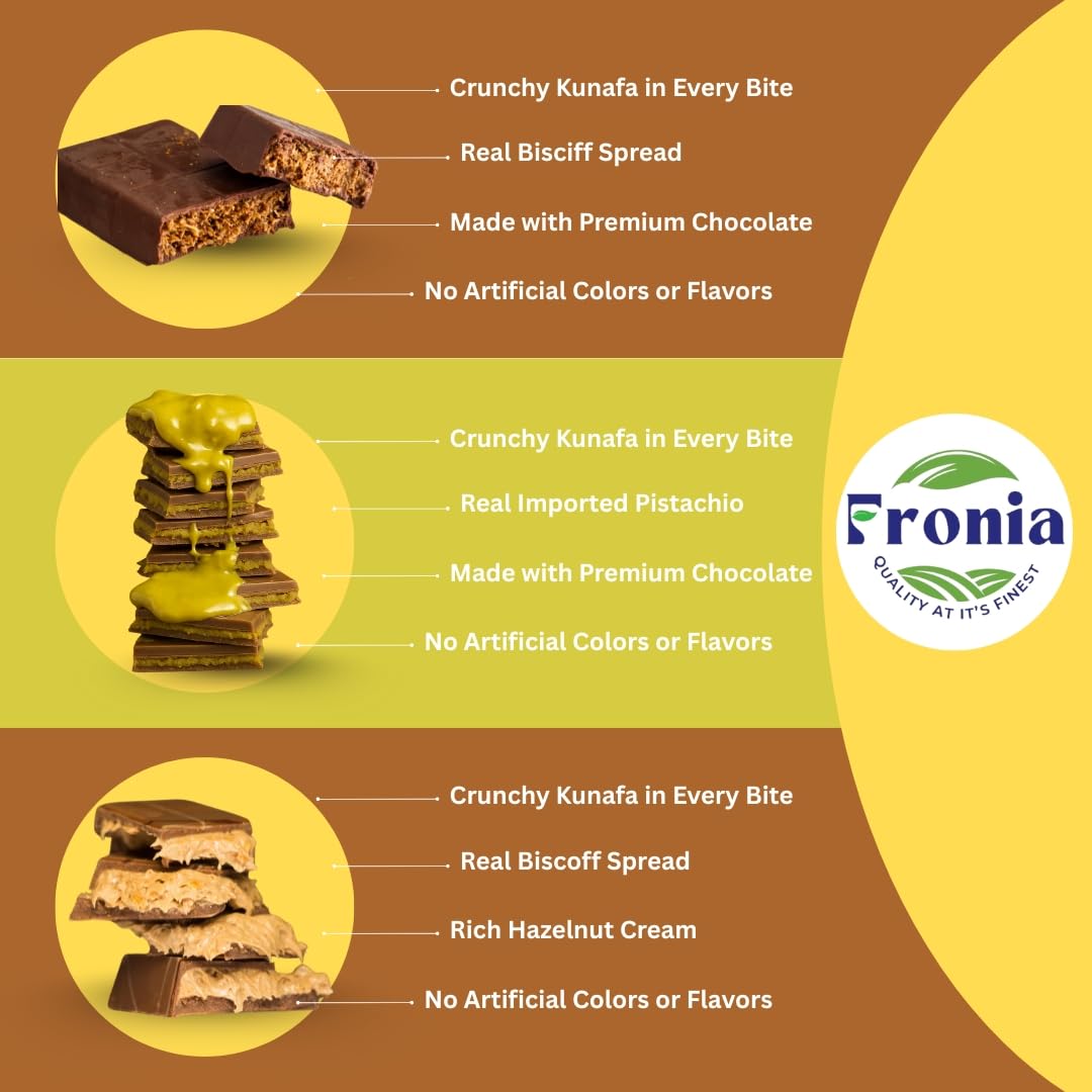 Fronia Dubai Kunafa Chocolate Bar Trio – Pistachio, Hazelnut & Bisciff Flavours (200gm each) – Gourmet Middle Eastern Sweets with Rich Fillings, Crispy Kunafa & Premium Chocolate – Luxury Gift Box
