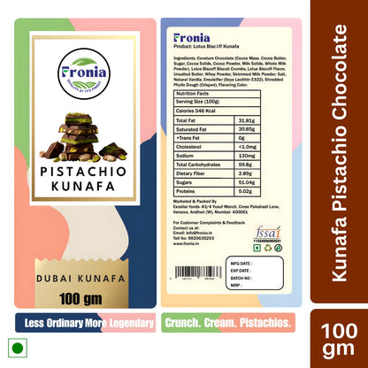 Fronia Dubai Kunafa Chocolate Pistachio. Premium Pista Kunafa Chocoalte 100gms. For Gifting, Anniversary, Birthday, Hamper, Valentines, Corporate Gifting.