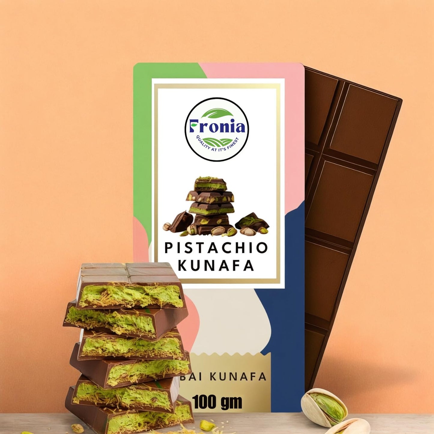 Fronia Dubai Kunafa Chocolate Pistachio. Premium Pista Kunafa Chocoalte 100gms. For Gifting, Anniversary, Birthday, Hamper, Valentines, Corporate Gifting.