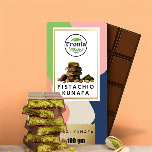 Fronia Dubai Kunafa Chocolate Pistachio. Premium Pista Kunafa Chocoalte 100gms. For Gifting, Anniversary, Birthday, Hamper, Valentines, Corporate Gifting.