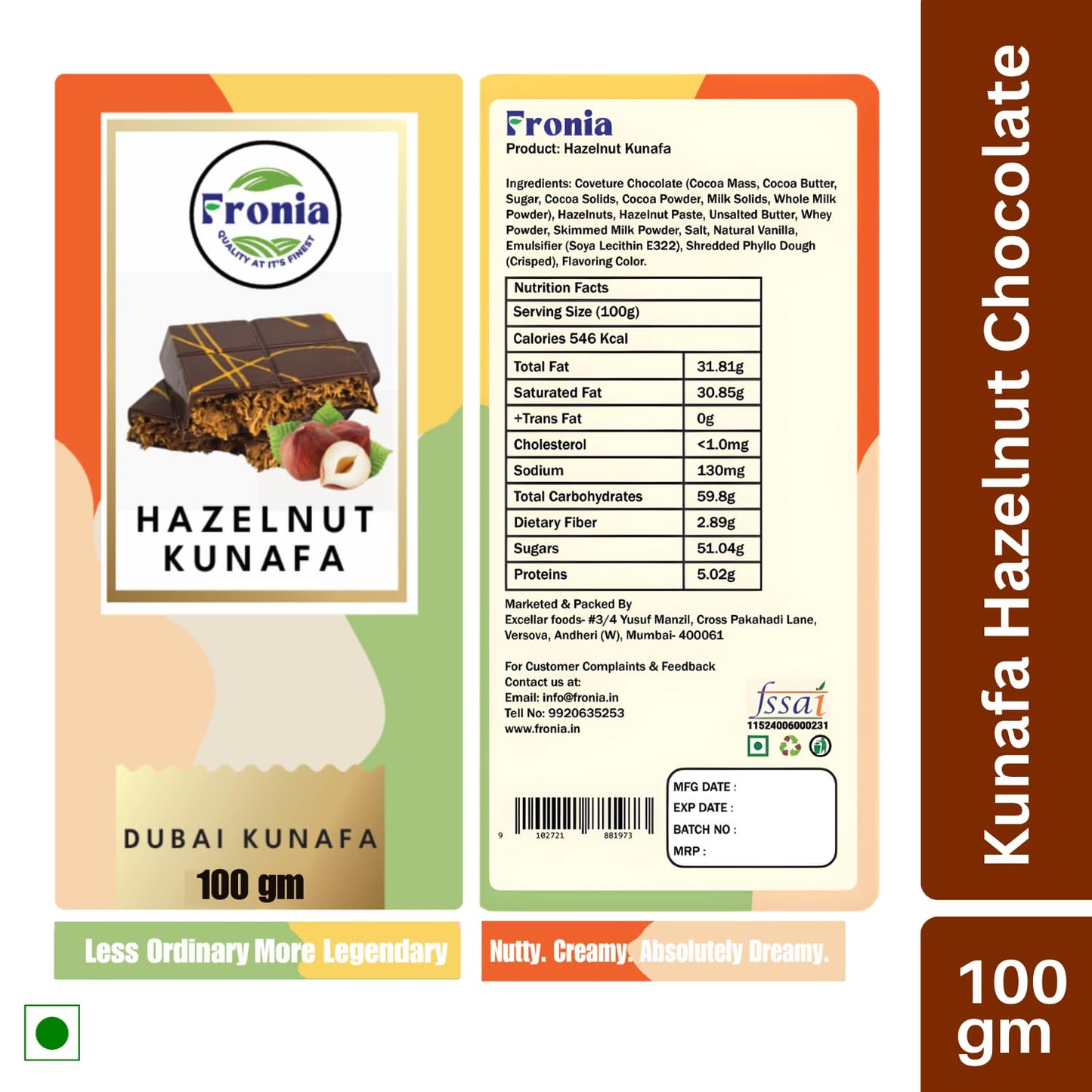 Fronia Dubai Kunafa Hazelnut Chocolate Bar – Premium Middle Eastern Dessert with Rich Hazelnut, Crunchy Kunafa & Smooth Chocolate, Ideal for Birthday, Hampers, Anniversary, Festival & Corporate Gifting - 100gms