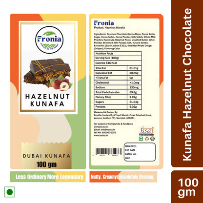 Fronia Dubai Kunafa Hazelnut Chocolate Bar – Premium Middle Eastern Dessert with Rich Hazelnut, Crunchy Kunafa & Smooth Chocolate, Ideal for Birthday, Hampers, Anniversary, Festival & Corporate Gifting - 100gms
