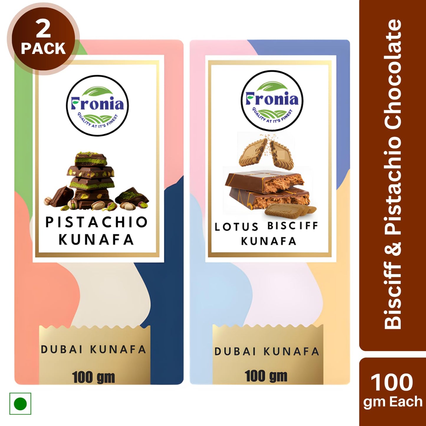 FRONIA Dubai Kunafa Chocolate Bar Combo Pistachio & Bisciff Flavours (100G) Gourmet Middle Eastern Dessert Bars With Crispy Kunafa & Premium Chocolate For Birthday,Anniversary,Hamper,Corporate Gifting