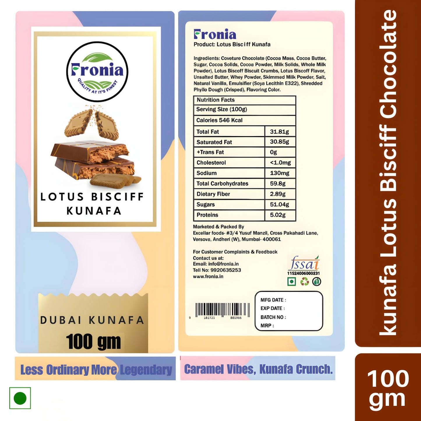 Dubai Kunafa Chocolate Bar Lotus Bisciff | Dessert Treat | Premium Chocolate – For Birthday, Anniversary, Hamper, Corporate Gifting - 100gms