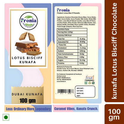 Dubai Kunafa Chocolate Bar Lotus Bisciff | Dessert Treat | Premium Chocolate – For Birthday, Anniversary, Hamper, Corporate Gifting - 100gms