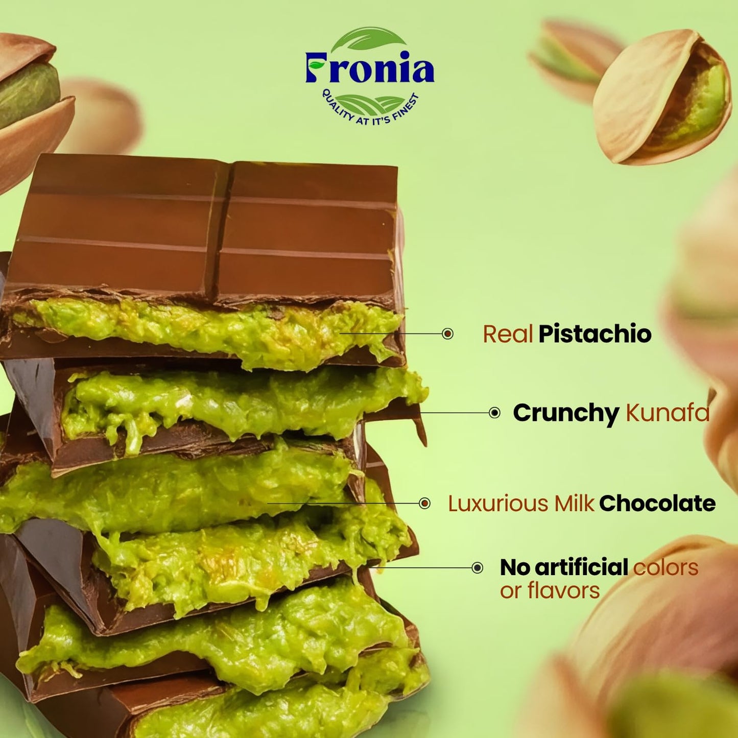 Fronia Dubai Kunafa Chocolate Pistachio. Premium Pista Kunafa Chocoalte 100gms. For Gifting, Anniversary, Birthday, Hamper, Valentines, Corporate Gifting.