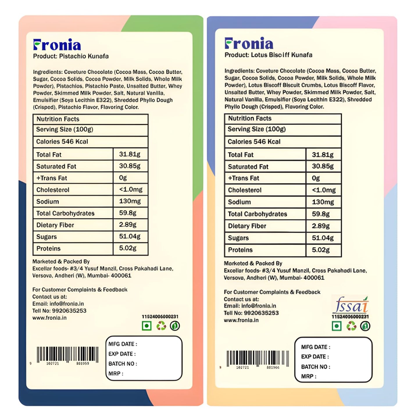 FRONIA Dubai Kunafa Chocolate Bar Combo Pistachio & Bisciff Flavours (100G) Gourmet Middle Eastern Dessert Bars With Crispy Kunafa & Premium Chocolate For Birthday,Anniversary,Hamper,Corporate Gifting