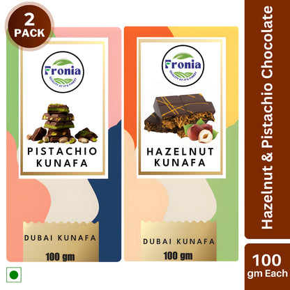 FRONIA Dubai Kunafa Chocolate Bar Duo Pistachio & Hazelnut,2/3 Milk And 1/3 Dark Chocolate,Gourmet Arabic Sweet Pack,Crunchy Kunafa Bars For Gifting,desset lover & Celebrations (100Gms each)