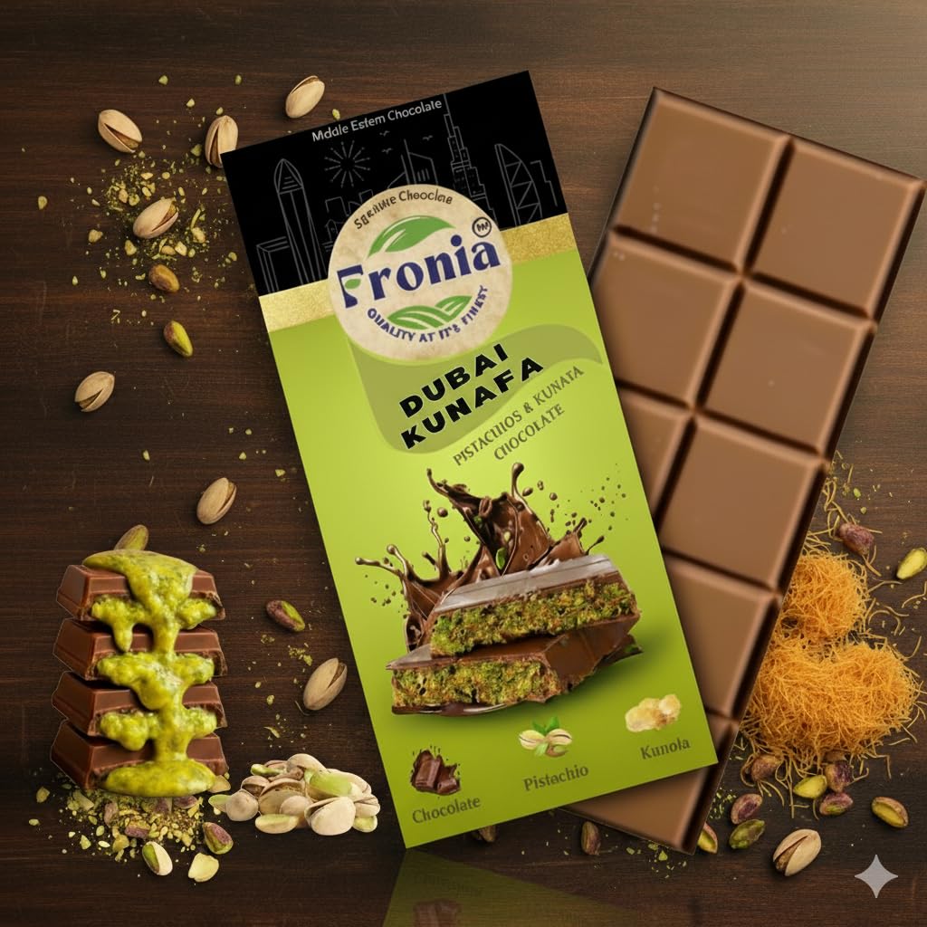 Fronia Kunafa Chocolate Bar Dubai Style 100gm | Pistachio Kunafa Dubai Chocolate Dessert | Milk Chocolates, Creamy Pistachios & Crunchy Kunafas spread