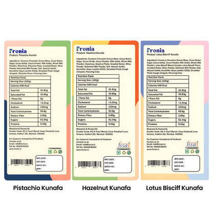 FRONIA Dubai Kunafa Chocolate Bar Trio Pistachio,Hazelnut & Bisciff Flavours (100Gm each) Gourmet Middle Eastern Sweets With Rich Fillings,Crispy Kunafa & Premium Chocolate Luxury Gift Box
