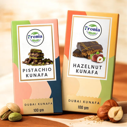 FRONIA Dubai Kunafa Chocolate Bar Duo Pistachio & Hazelnut,2/3 Milk And 1/3 Dark Chocolate,Gourmet Arabic Sweet Pack,Crunchy Kunafa Bars For Gifting,desset lover & Celebrations (100Gms each)