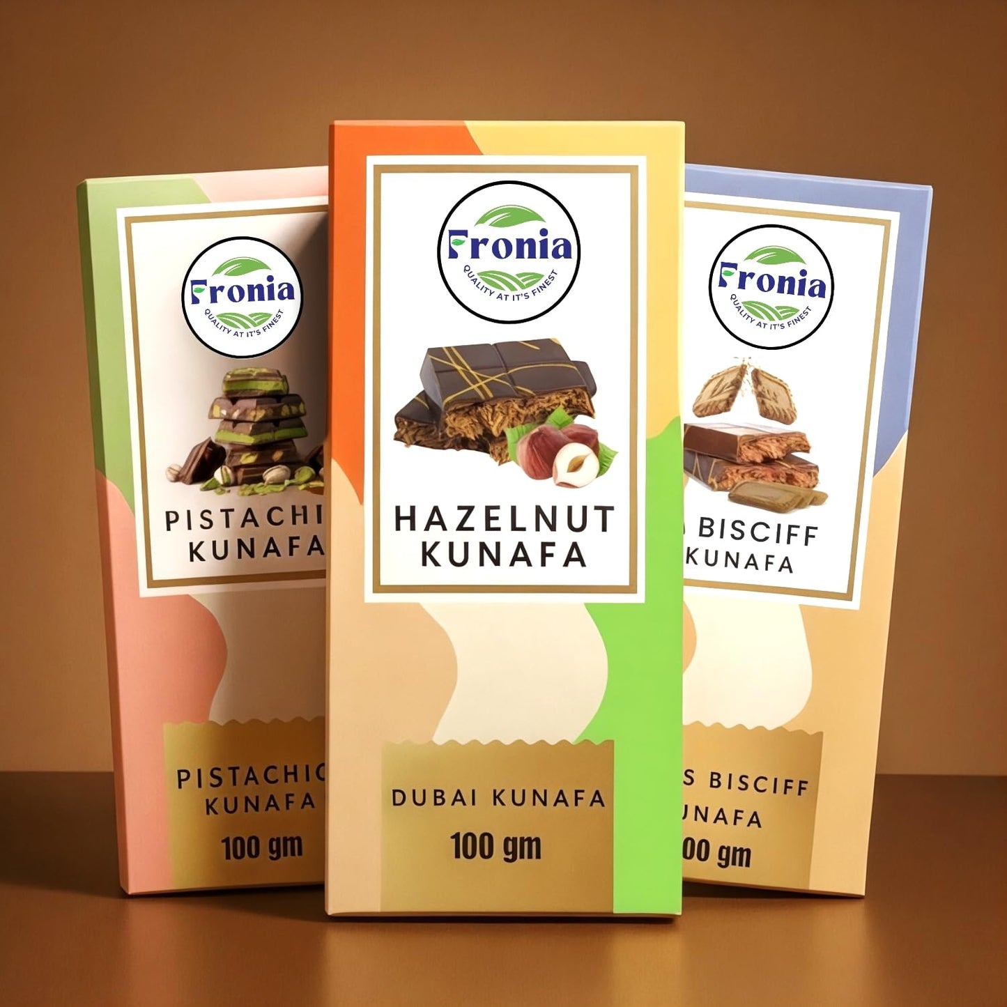 FRONIA Dubai Kunafa Chocolate Bar Trio Pistachio,Hazelnut & Bisciff Flavours (100Gm each) Gourmet Middle Eastern Sweets With Rich Fillings,Crispy Kunafa & Premium Chocolate Luxury Gift Box