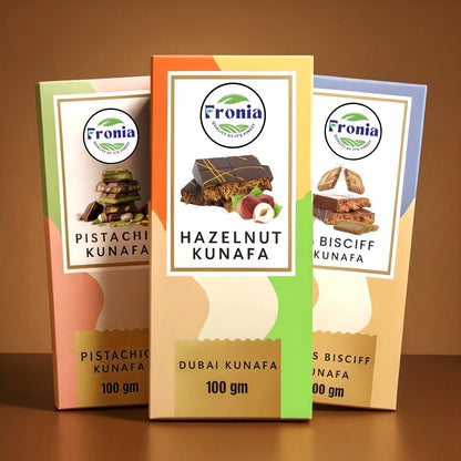 FRONIA Dubai Kunafa Chocolate Bar Trio Pistachio,Hazelnut & Bisciff Flavours (100Gm each) Gourmet Middle Eastern Sweets With Rich Fillings,Crispy Kunafa & Premium Chocolate Luxury Gift Box