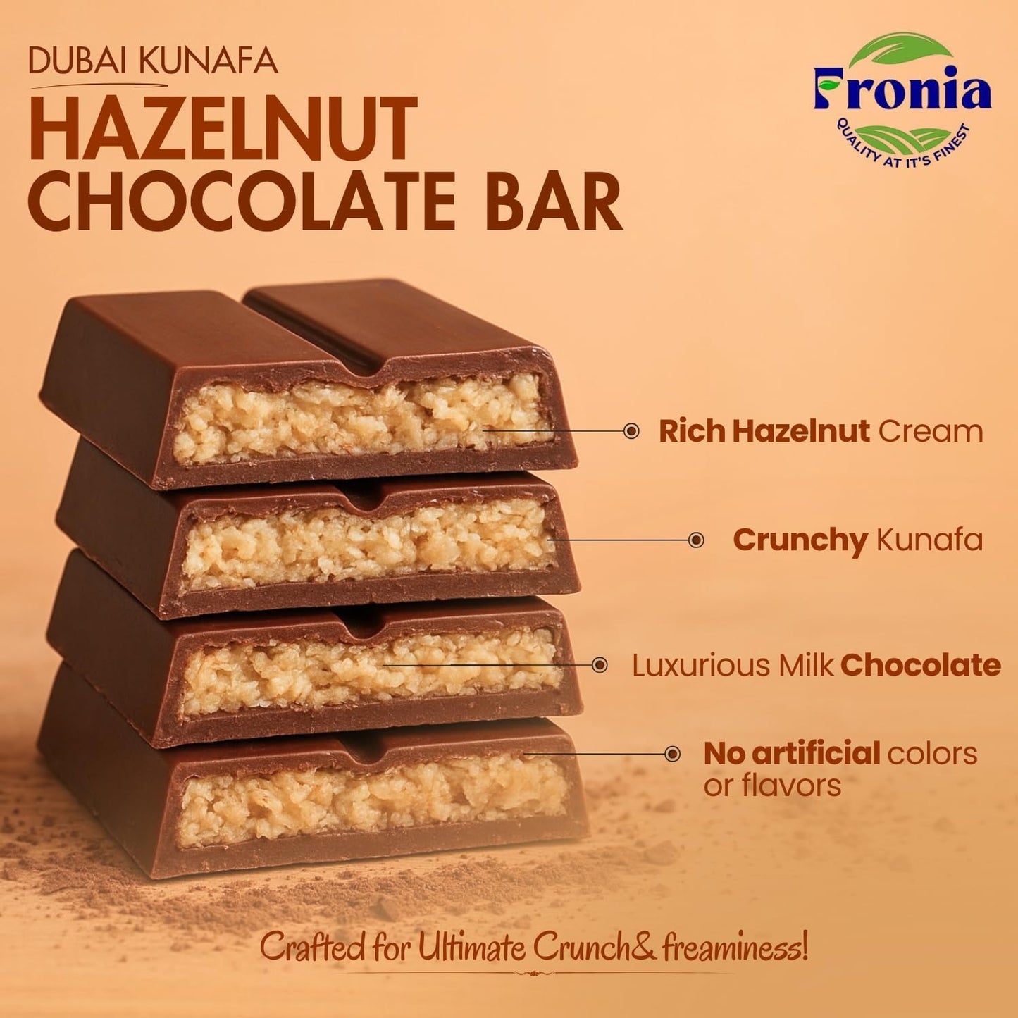 Fronia Kunafa Chocolate Triple-Flavor Combo Pack Dubai Style – Pistachio, Hazelnut & Caramel Kunafa Chocolate Dessert | 100g Each