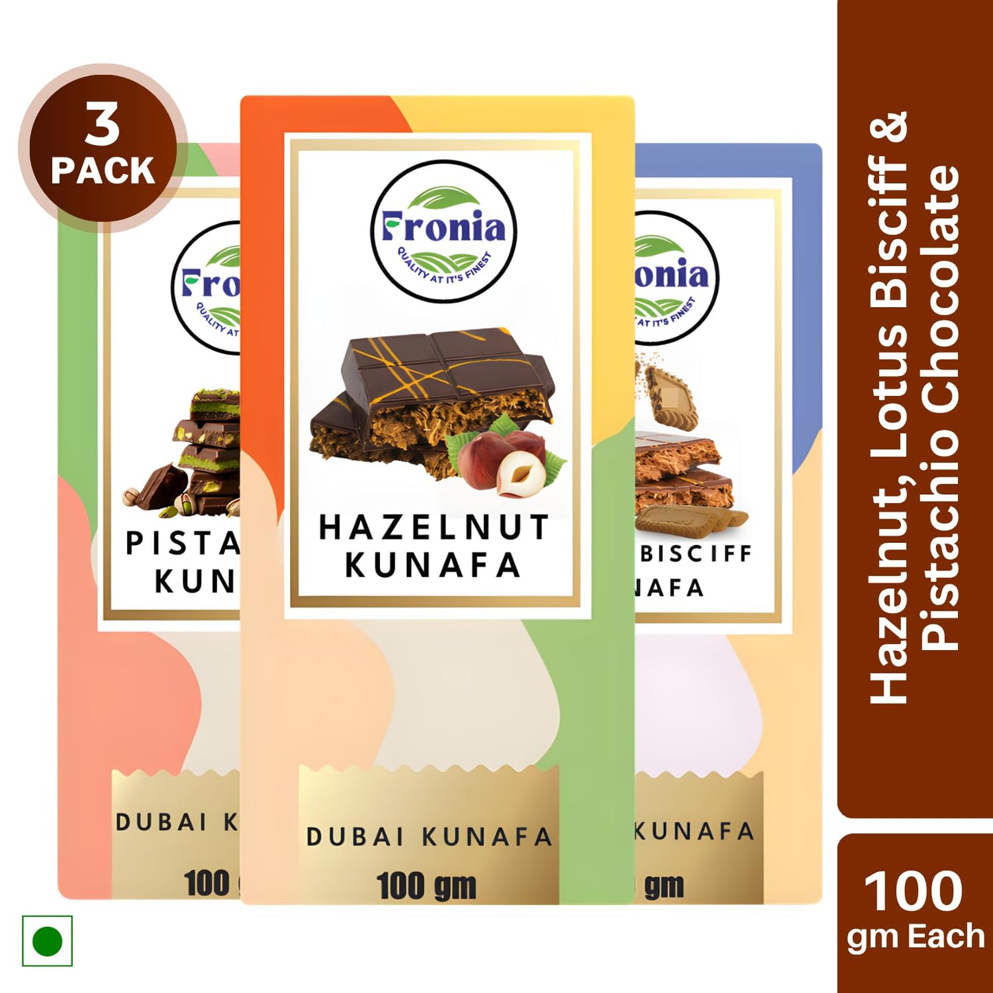FRONIA Dubai Kunafa Chocolate Bar Trio Pistachio,Hazelnut & Bisciff Flavours (100Gm each) Gourmet Middle Eastern Sweets With Rich Fillings,Crispy Kunafa & Premium Chocolate Luxury Gift Box