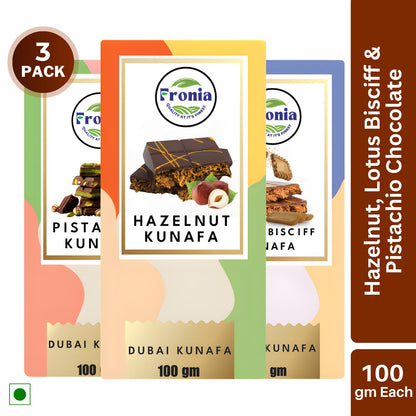 FRONIA Dubai Kunafa Chocolate Bar Trio Pistachio,Hazelnut & Bisciff Flavours (100Gm each) Gourmet Middle Eastern Sweets With Rich Fillings,Crispy Kunafa & Premium Chocolate Luxury Gift Box