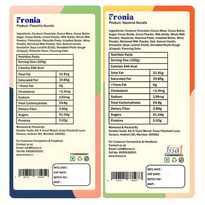 FRONIA Dubai Kunafa Chocolate Bar Duo Pistachio & Hazelnut,2/3 Milk And 1/3 Dark Chocolate,Gourmet Arabic Sweet Pack,Crunchy Kunafa Bars For Gifting,desset lover & Celebrations (100Gms each)