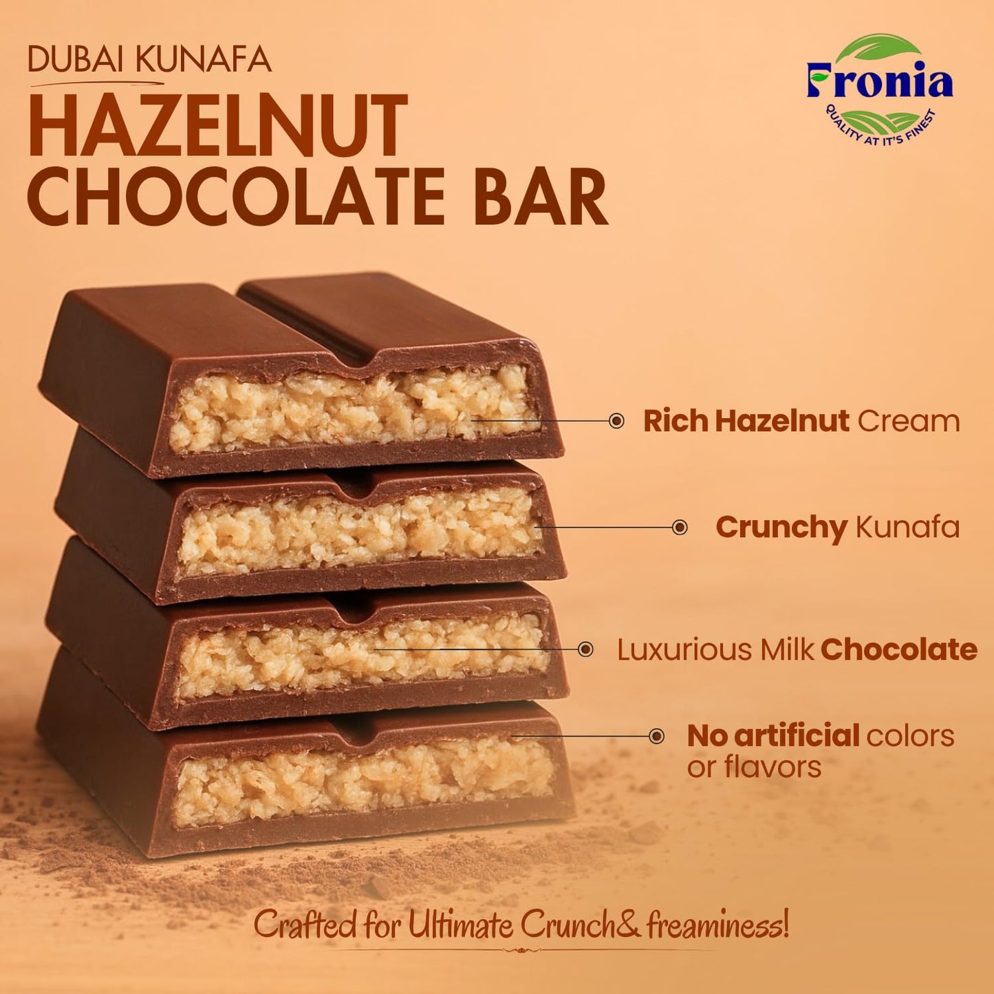 Fronia Dubai Kunafa Hazelnut Chocolate Bar – Premium Middle Eastern Dessert with Rich Hazelnut, Crunchy Kunafa & Smooth Chocolate, Ideal for Birthday, Hampers, Anniversary, Festival & Corporate Gifting - 100gms