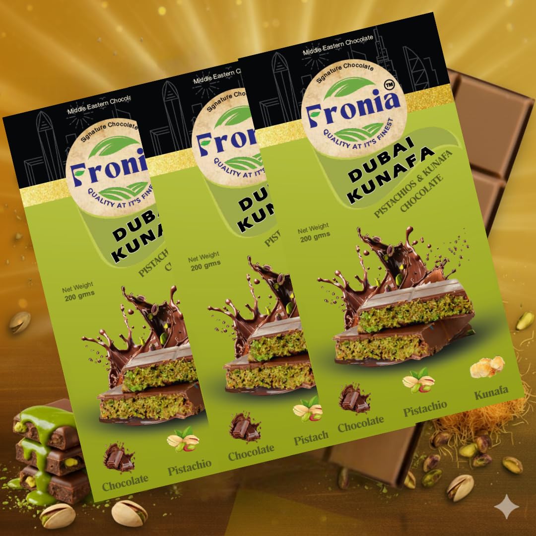 Fronia Premium Dubai Pistachio Kunafa Chocolate – 3 × 100g Dessert Bars | Milk Chocolate with Pistachio & Crispy Kunafa