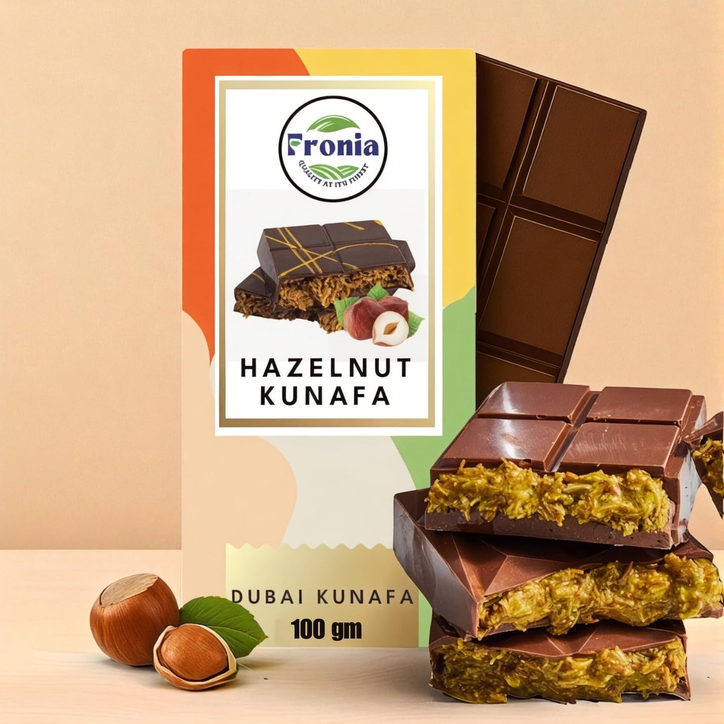 Fronia Dubai Kunafa Hazelnut Chocolate Bar – Premium Middle Eastern Dessert with Rich Hazelnut, Crunchy Kunafa & Smooth Chocolate, Ideal for Birthday, Hampers, Anniversary, Festival & Corporate Gifting - 100gms