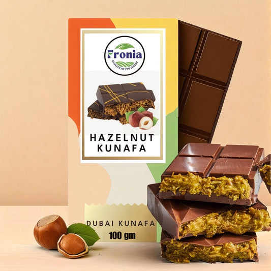Fronia Dubai Kunafa Hazelnut Chocolate Bar – Premium Middle Eastern Dessert with Rich Hazelnut, Crunchy Kunafa & Smooth Chocolate, Ideal for Birthday, Hampers, Anniversary, Festival & Corporate Gifting - 100gms