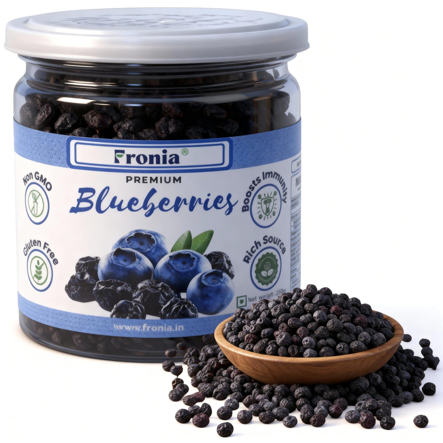 Fronia Premium Blueberries, Gluten Free, Non-GMO and Vegan, Whole and Unsweetened, Vitamin Rich, Low Fat Healthy Snacks, Rich in Calcium and Vitamin K, Sweet and Delicious (250gm)