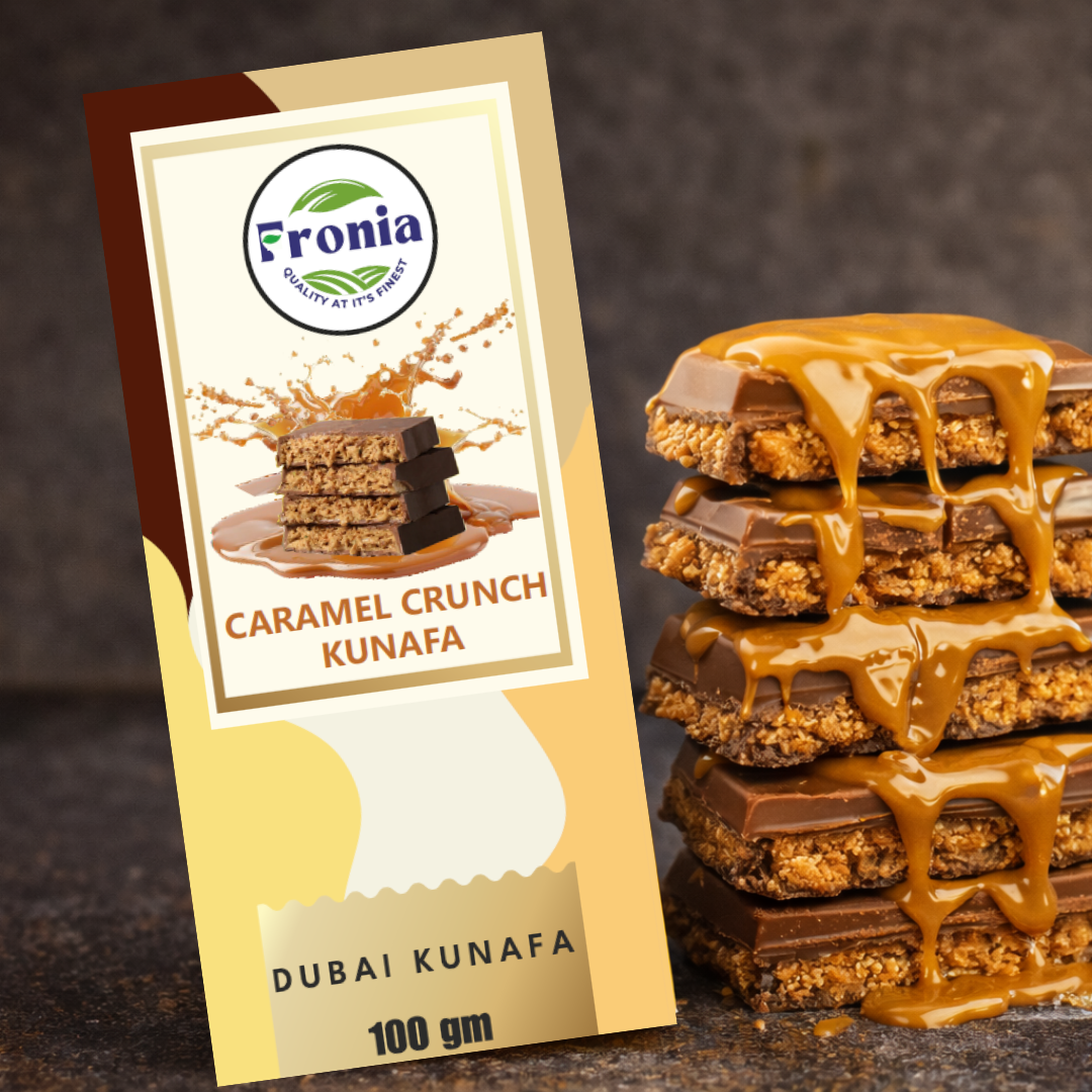 Fronia Caramel Crunch Kunafa Chocolate Bar 100gms Dubai Style – Chocolate Dessert, Milk Chocolate with Creamy Caramel Filling & Crunchy Kunafa Layers