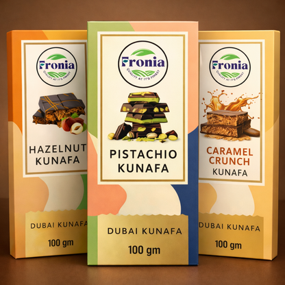 Fronia Kunafa Chocolate Triple-Flavor Combo Pack Dubai Style – Pistachio, Hazelnut & Caramel Kunafa Chocolate Dessert | 100g Each